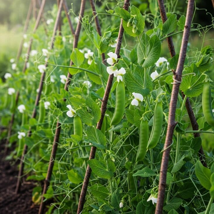 Peas climbing twiggy hazel pea sticks in spring