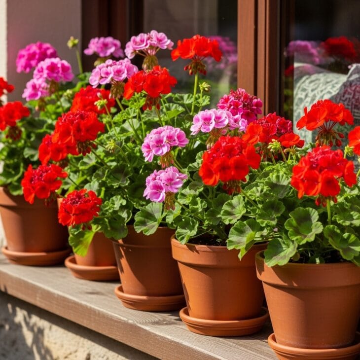 Terracotta pots brimming with red and pink pelargoniums