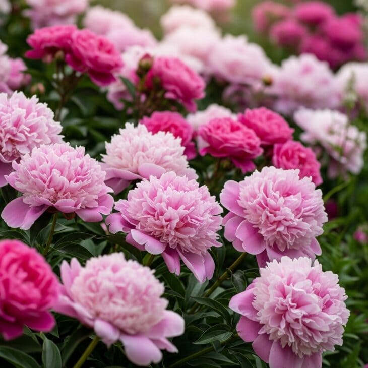 Blowsy pink peonies and roses in a cottage border