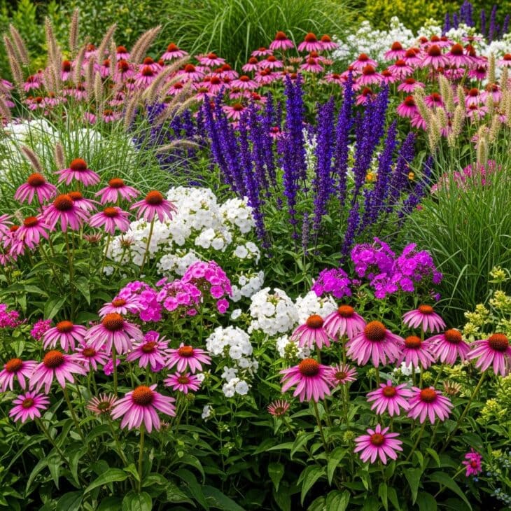 Perennial flower bed packed with summer blooms