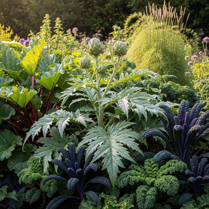Perennial vegetable bed with artichoke, rhubarb and kale