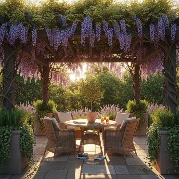Pergola casting dappled shade over a patio seating area