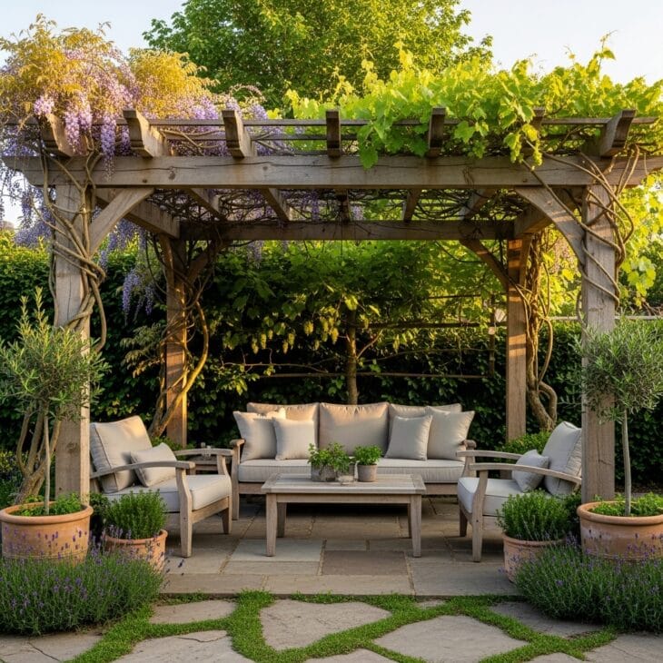 Wooden pergola shading a backyard seating area