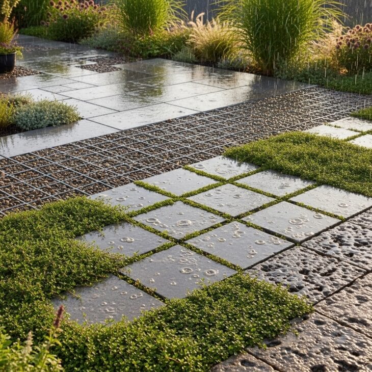 Permeable patio paving with planted joints