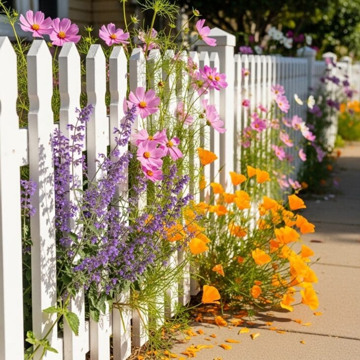 White picket fence with cottage flowers spilling through