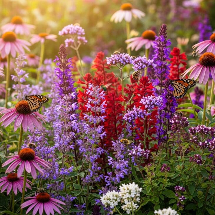 Pollinator flower bed alive with bees and butterflies
