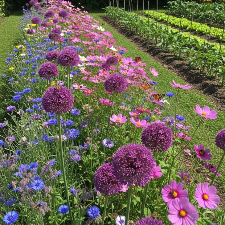 Pollinator border of bee-friendly flowers beside vegetable beds