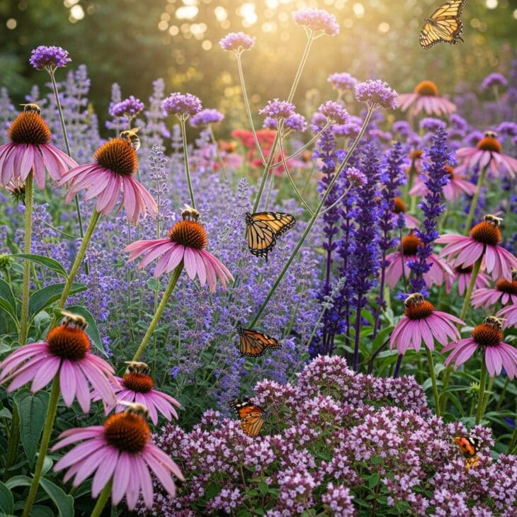 Backyard pollinator border alive with bees and butterflies