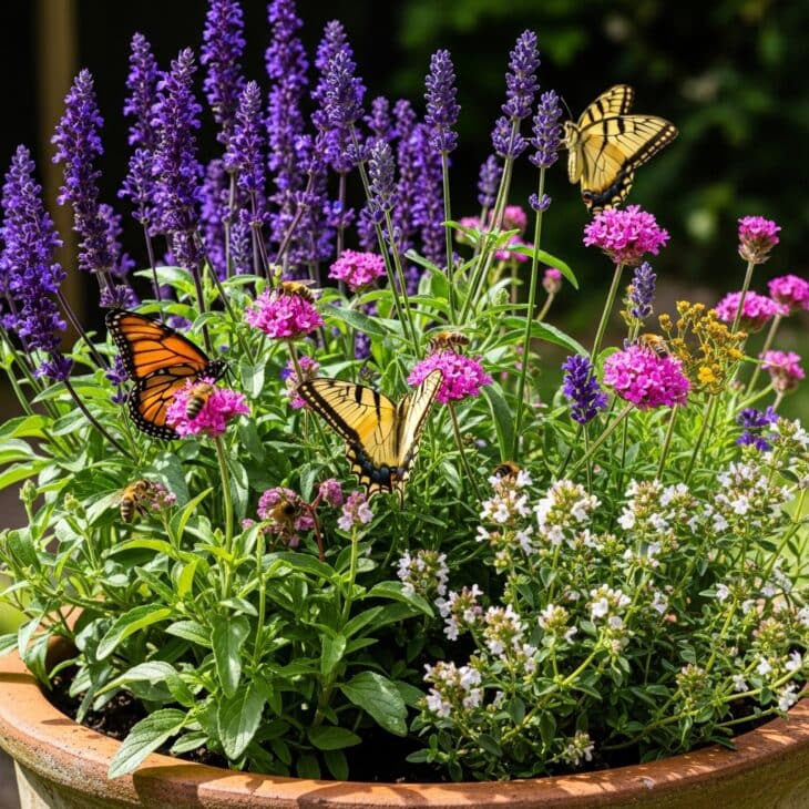Container planted for pollinators, alive with bees