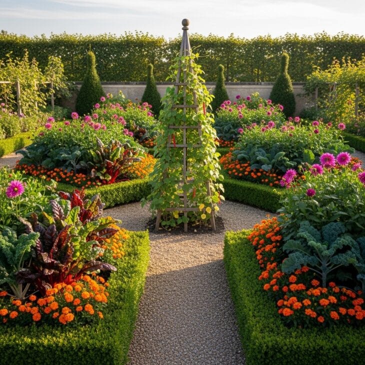 Ornamental potager with vegetables and flowers in box-edged beds