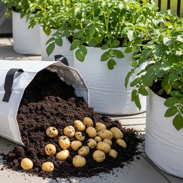 Potatoes growing in fabric bags with a harvest tipped out