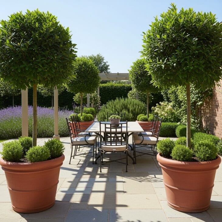 Potted trees anchoring the corners of a patio