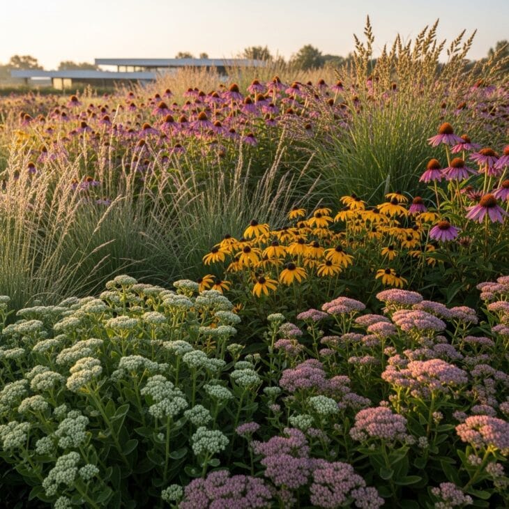 Prairie-style naturalistic bed of grasses and perennials