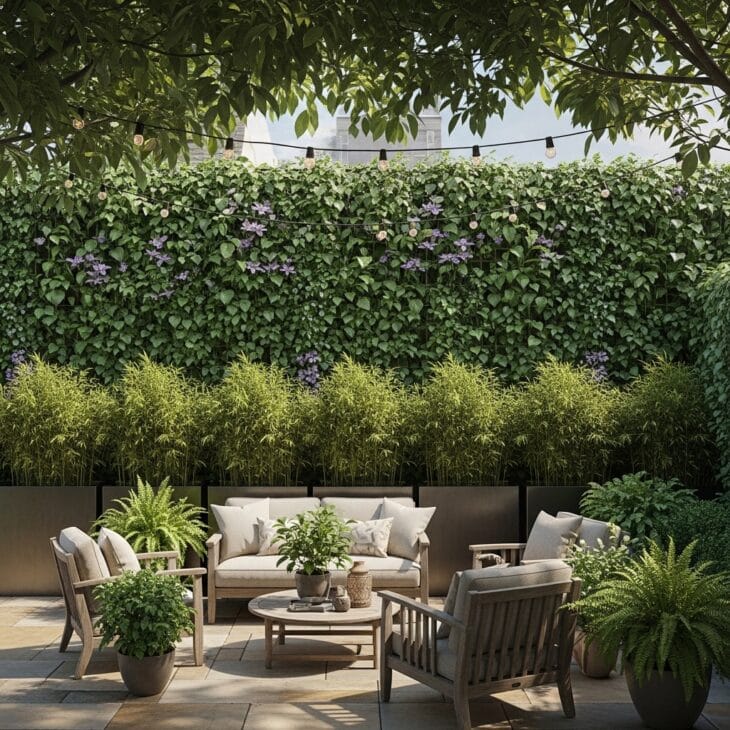 Patio screened for privacy with a green wall and tall planters