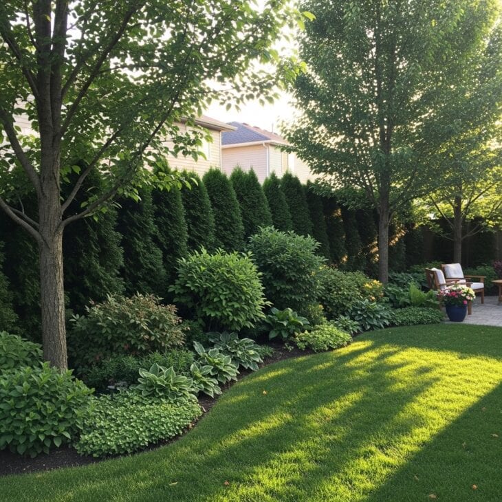 Backyard screened with hedging and trees for privacy
