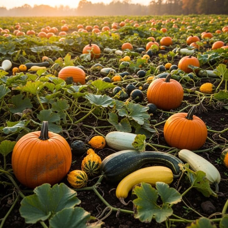 Pumpkin and winter squash patch ripening in autumn