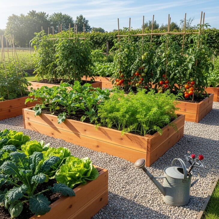 Timber raised beds filled with summer vegetables