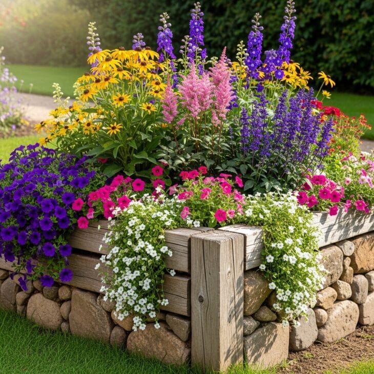 Raised flower bed filled with flowering perennials