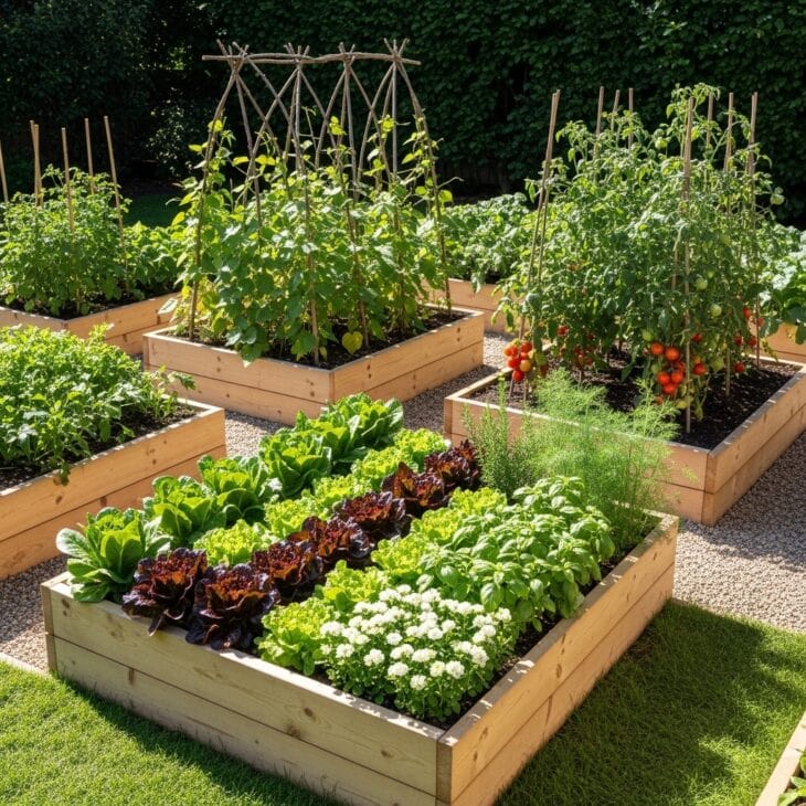 Backyard vegetable garden built from timber raised beds