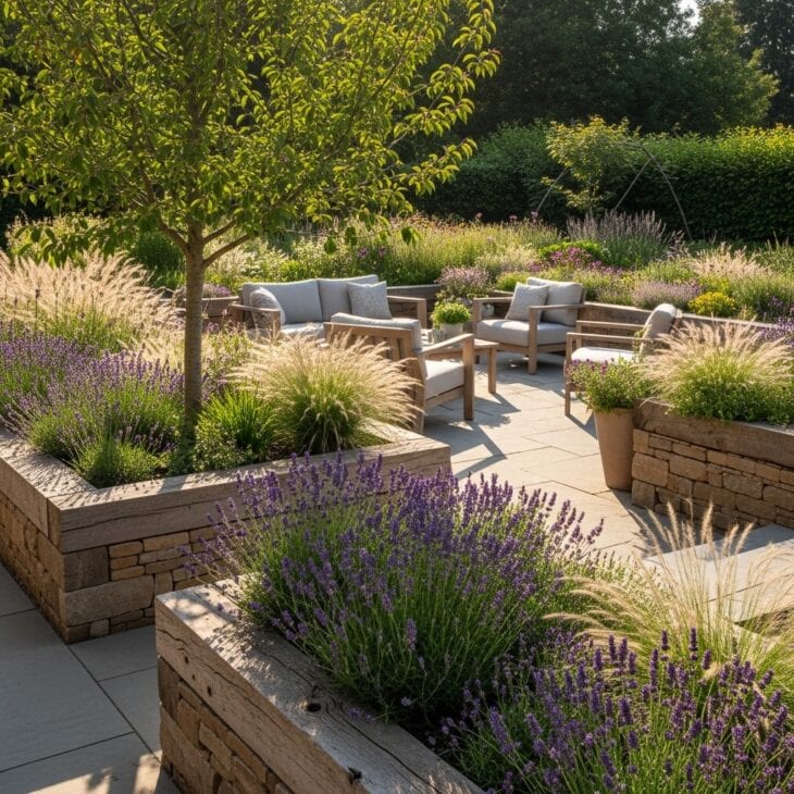 Patio framed by built-in raised beds of lavender and grasses