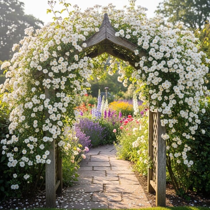 Wooden arch smothered in a white rambling rose