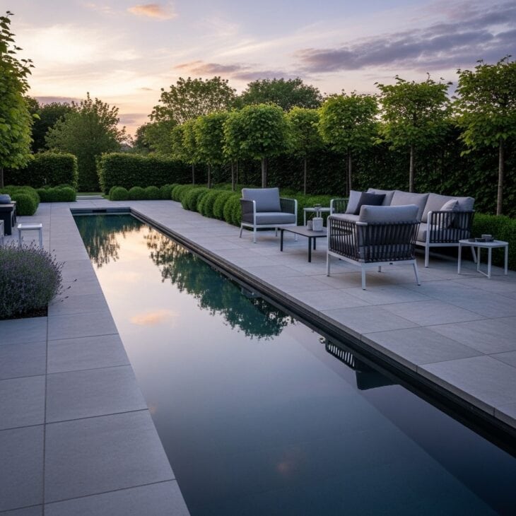 Reflective still pool set into a formal patio