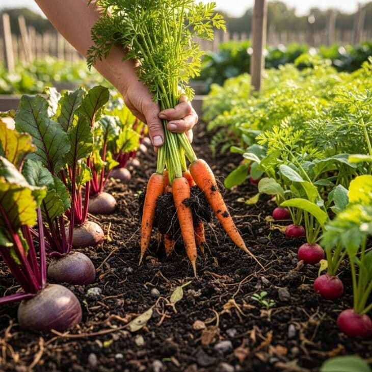 Root vegetable bed with carrots, beetroot and parsnips