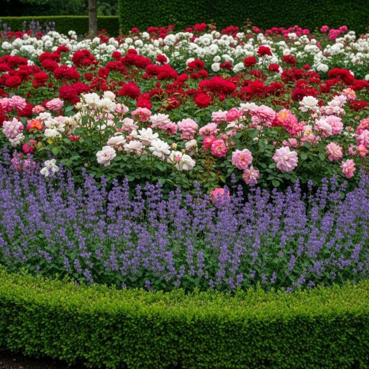 Rose bed underplanted with lavender and catmint
