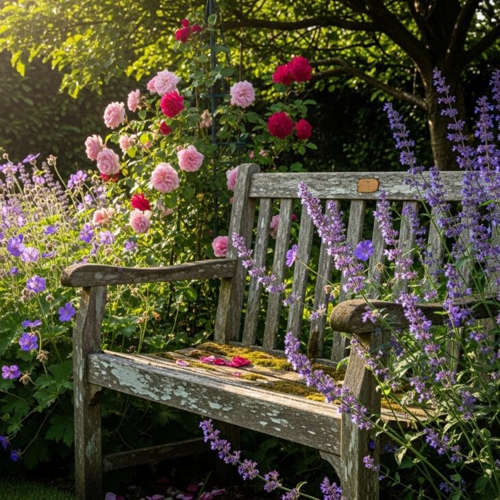 Rustic wooden bench tucked among cottage flowers