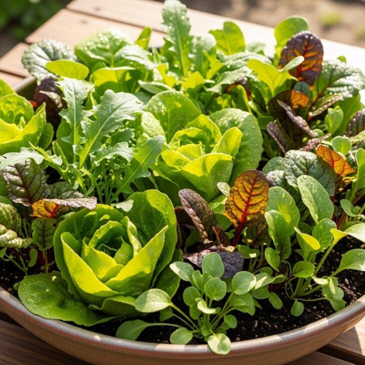 Shallow bowl planted with mixed cut-and-come-again salad leaves