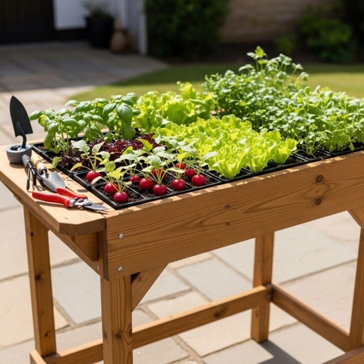 Waist-high salad table planted with baby leaves and herbs