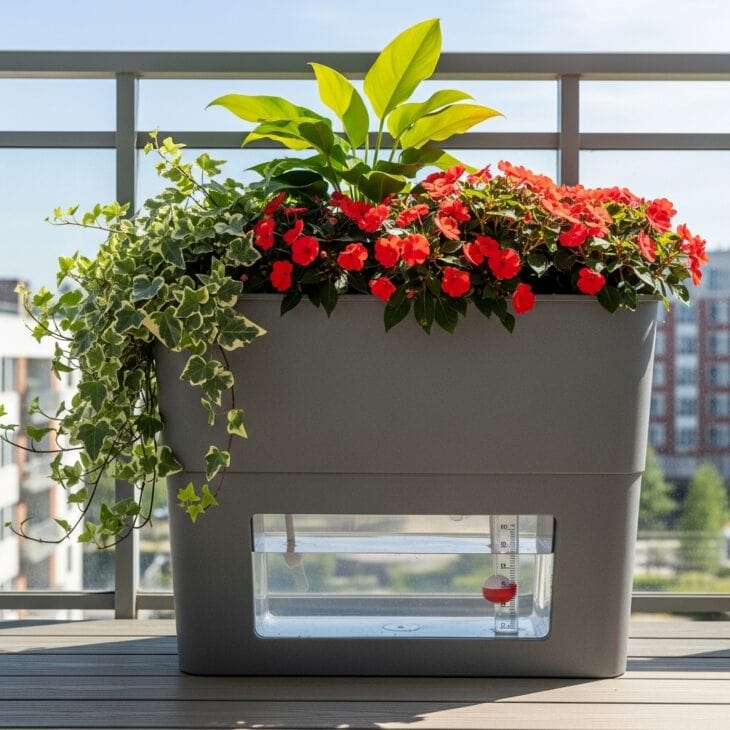 Modern self-watering planter with a reservoir