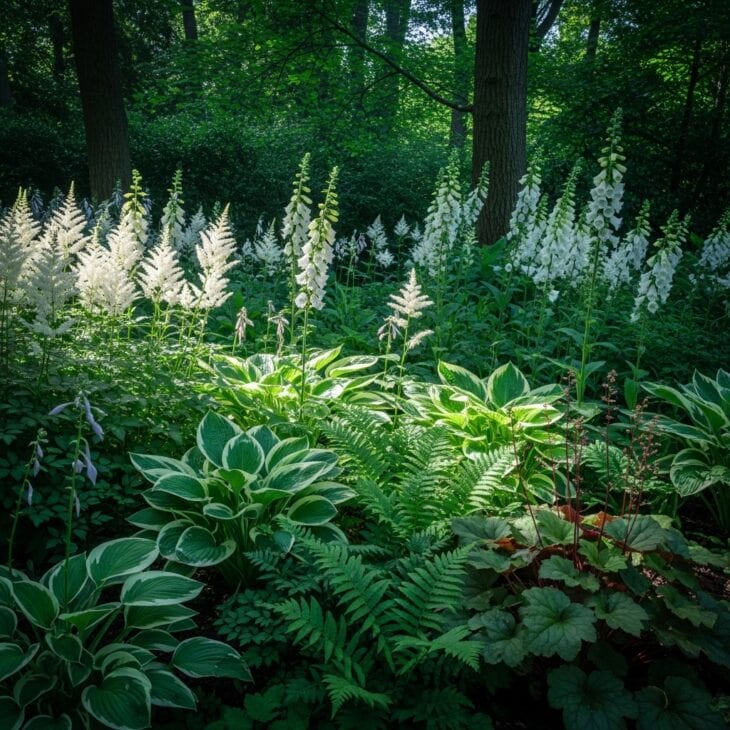 Lush shade flower bed in greens and whites