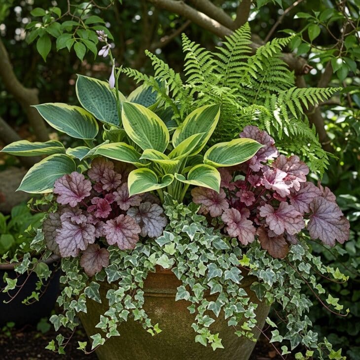 Shade container of hostas, ferns and heuchera