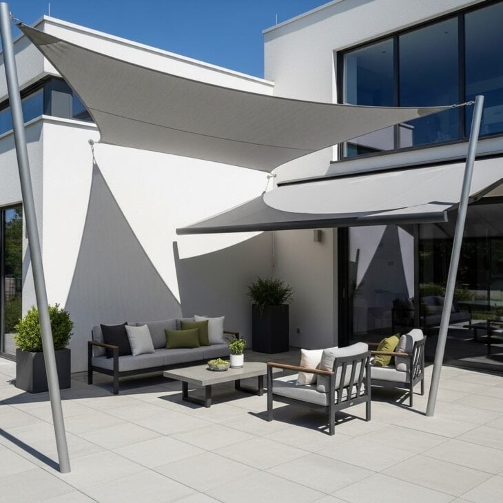 Patio shaded by a triangular fabric shade sail overhead