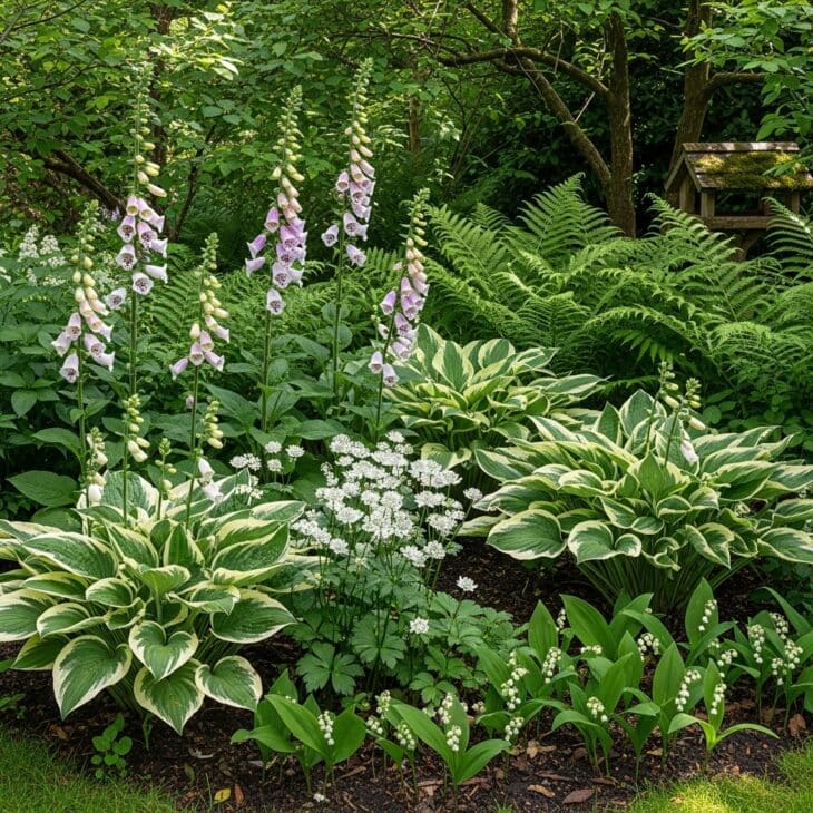 Shady cottage corner with foxgloves, ferns and astrantia