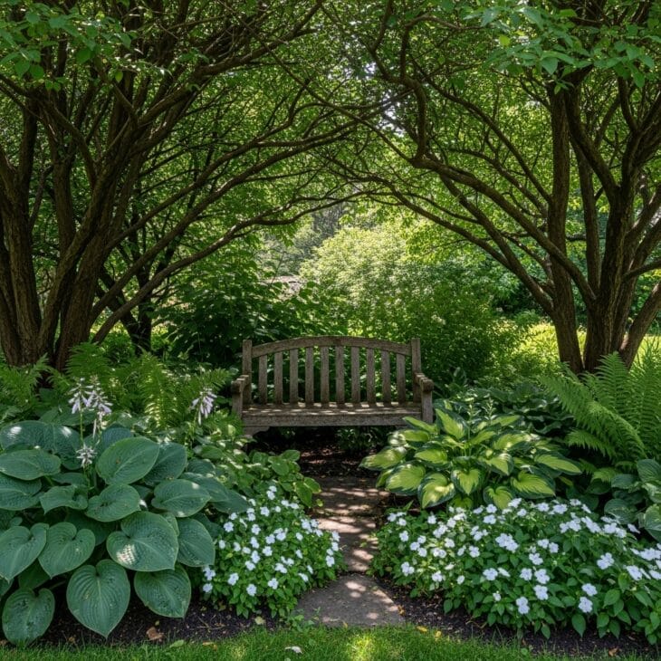 Shady seating retreat beneath established backyard trees