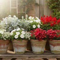 Matching pots planted in a single-color scheme