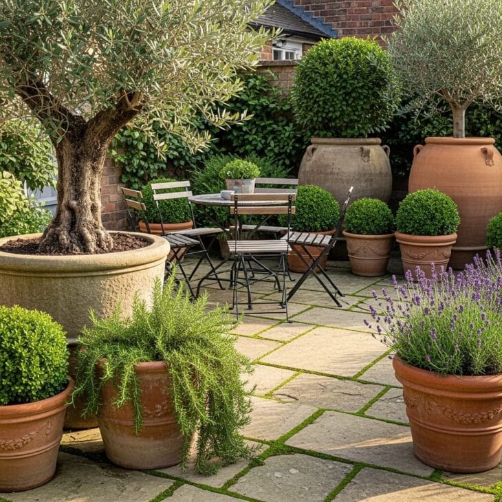 paved courtyard with statement containers