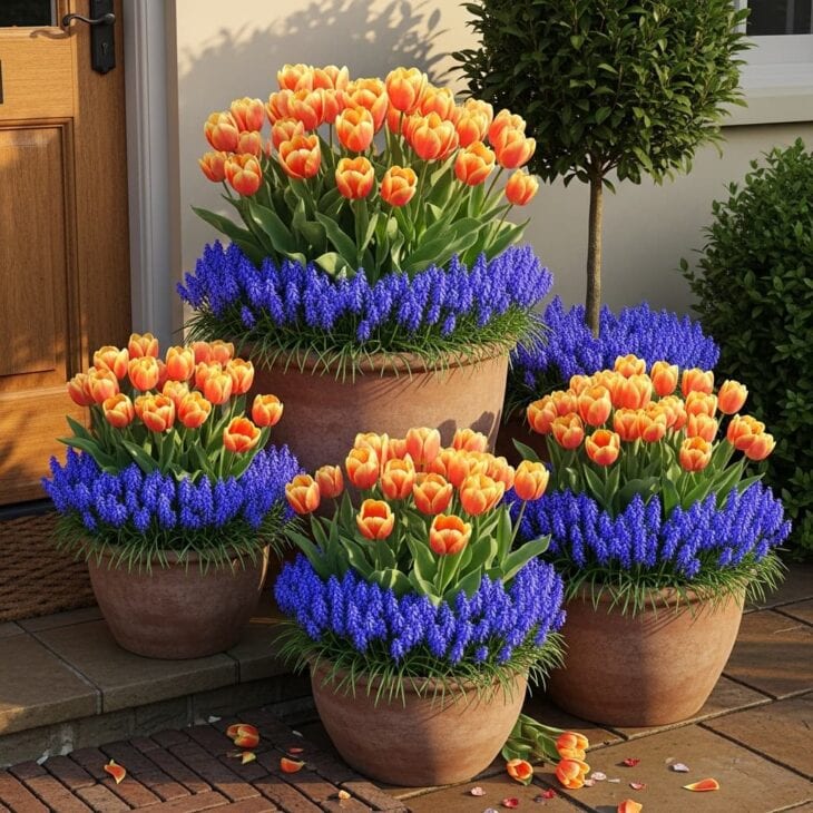 seasonal bulb display in raised pots