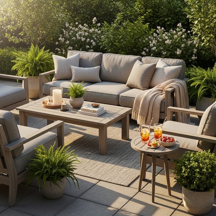 Patio lounge with a comfortable outdoor sofa and armchairs