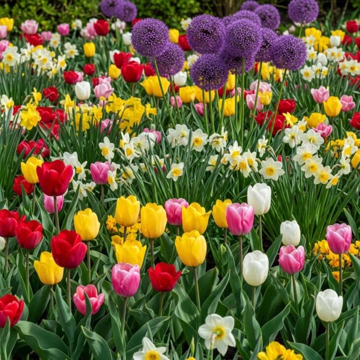 Flower bed filled with spring bulbs in bloom