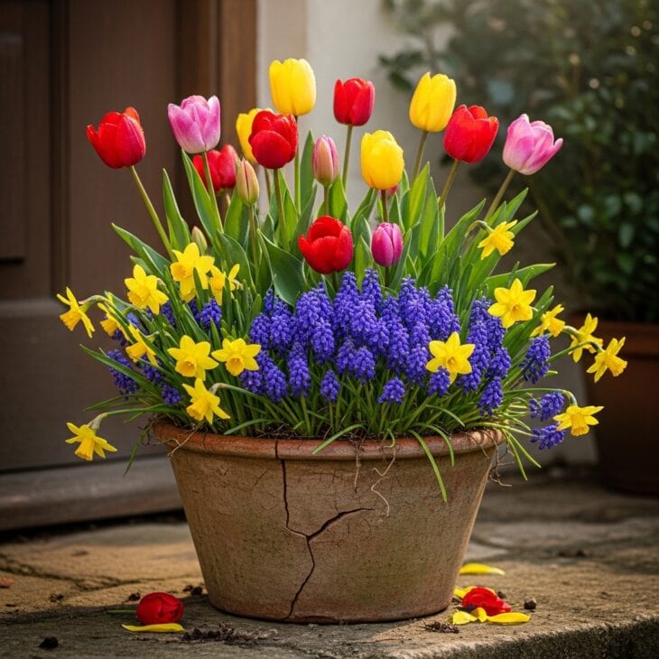 Container packed with flowering spring bulbs