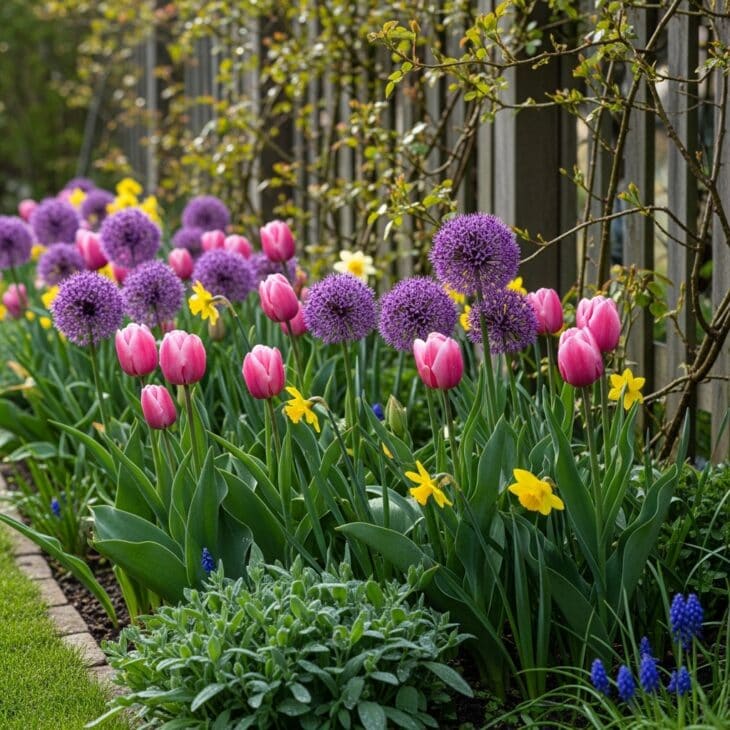 Spring bulbs underplanting a cottage border