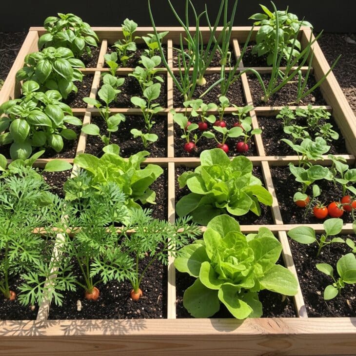 Square foot garden bed divided into a planted grid