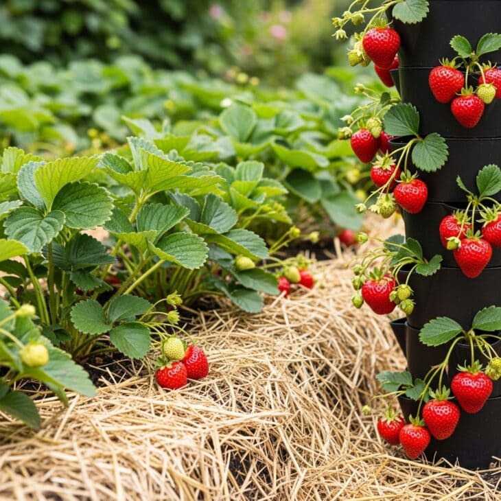 Strawberry bed and vertical planter full of ripe berries