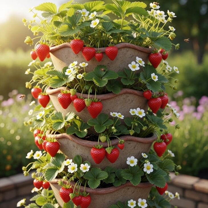 Tall strawberry planter with fruit tumbling from each pocket