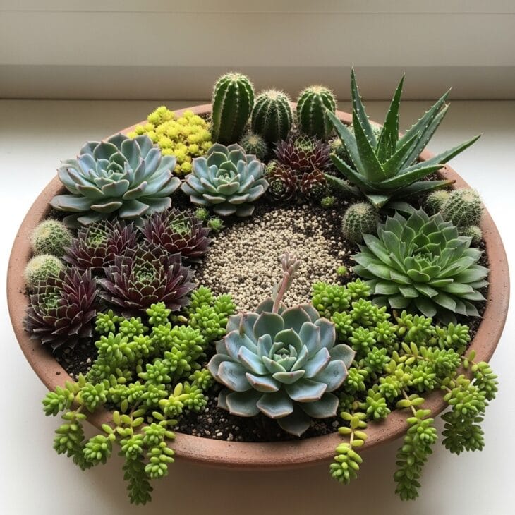 Shallow bowl planted with succulents and small cacti