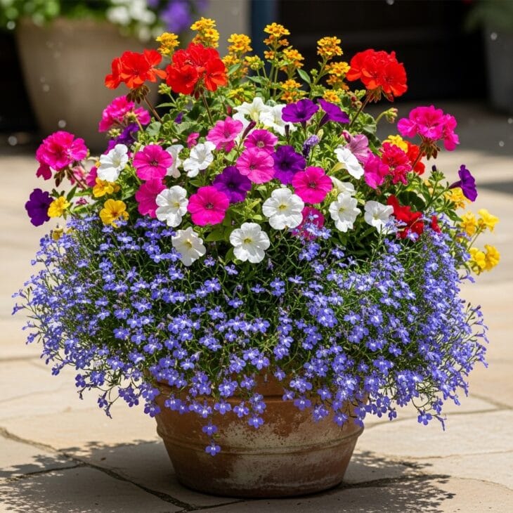Container overflowing with summer annual flowers