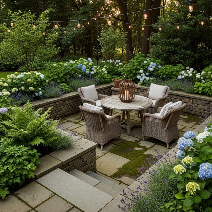 Sunken patio set below the surrounding garden for shelter
